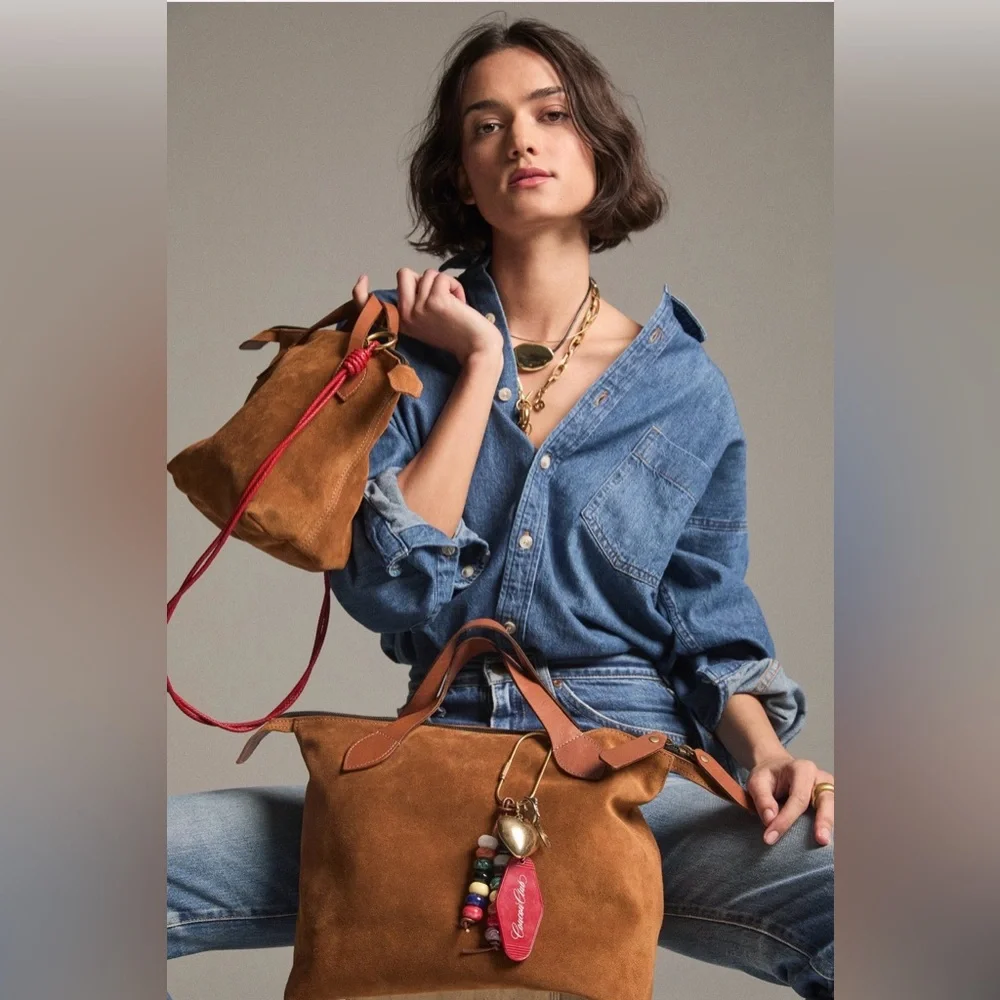 Parker Thatch Charlie Suede Top-Handle Tote Bag in Caramel Brown - Picture 2 of 16